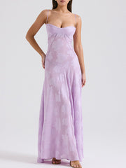 Derpai Elegantes langes Abendkleid mit Jacquardmuster und feinen Trägern – für Hochzeit
