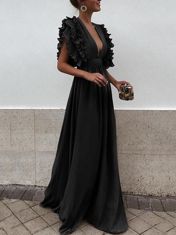 Derpai Maxi-Abendkleid mit Volants & tiefem Ausschnitt – für Hochzeit