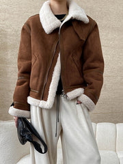Derpai Fliegerjacke aus Wildlederimitat mit Wollfutter Damen Winter