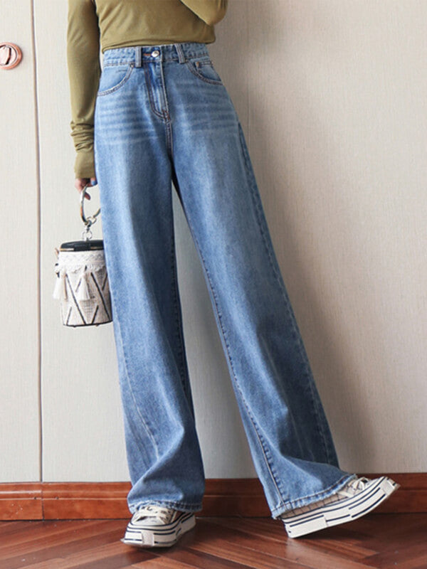 Derpai Weit geschnittene Jeans mit Schlag Taschen & Reißverschluss – Damen
