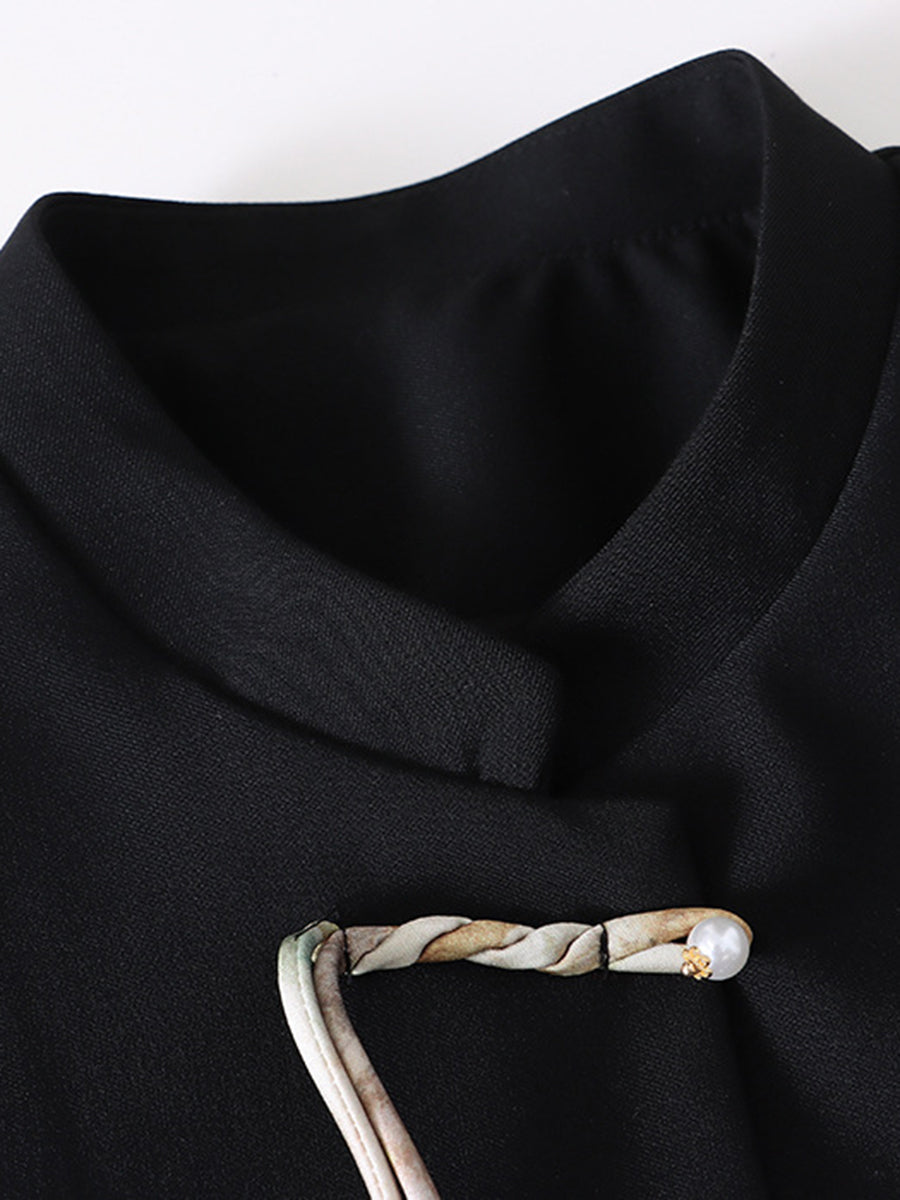 Derpai Elegante Jacke mit chinesischen Knöpfen Stehkragen und Taschen