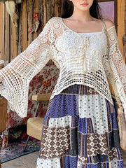 Derpai Boho-Oberteil mit Lochstickerei Trompetenärmeln & Riemchendetails