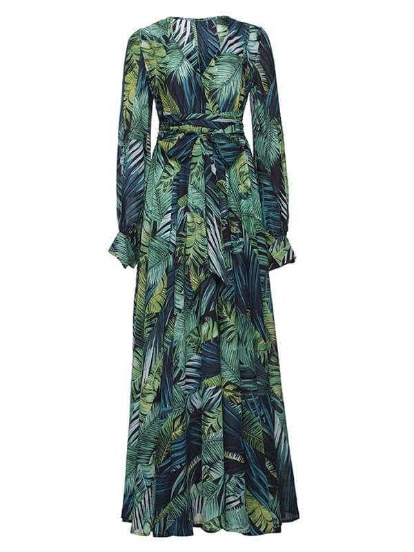 Derpai Langes Boho-Kleid aus Chiffon mit tropischem Print und V-Ausschnitt – Grün