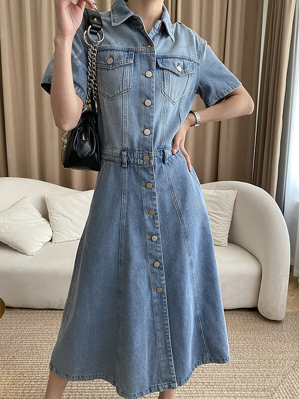 Derpai Langes Jeanskleid mit Knopfleiste & Taschen – modisch