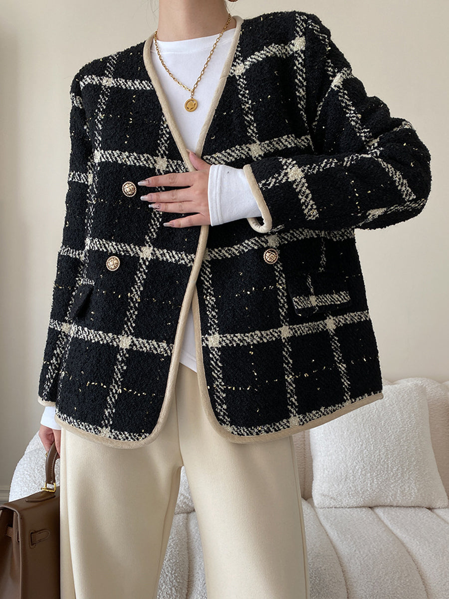 Derpai Tweedjacke mit Steppfutter Karomuster doppelreihige Knopfleiste Damen