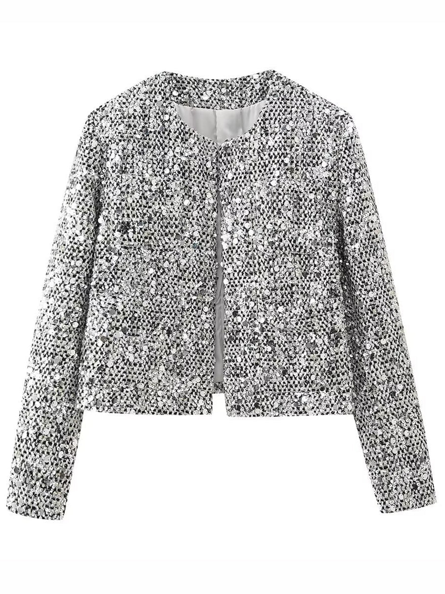Derpai Glänzende Tweedjacke mit Pailletten und Rundhalsausschnitt Damen Silber