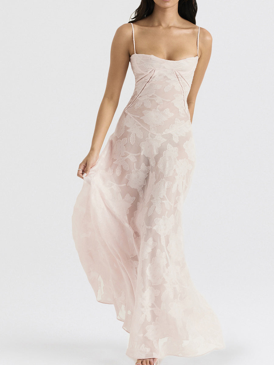 Derpai Elegantes langes Abendkleid mit Jacquardmuster und feinen Trägern – für Hochzeit