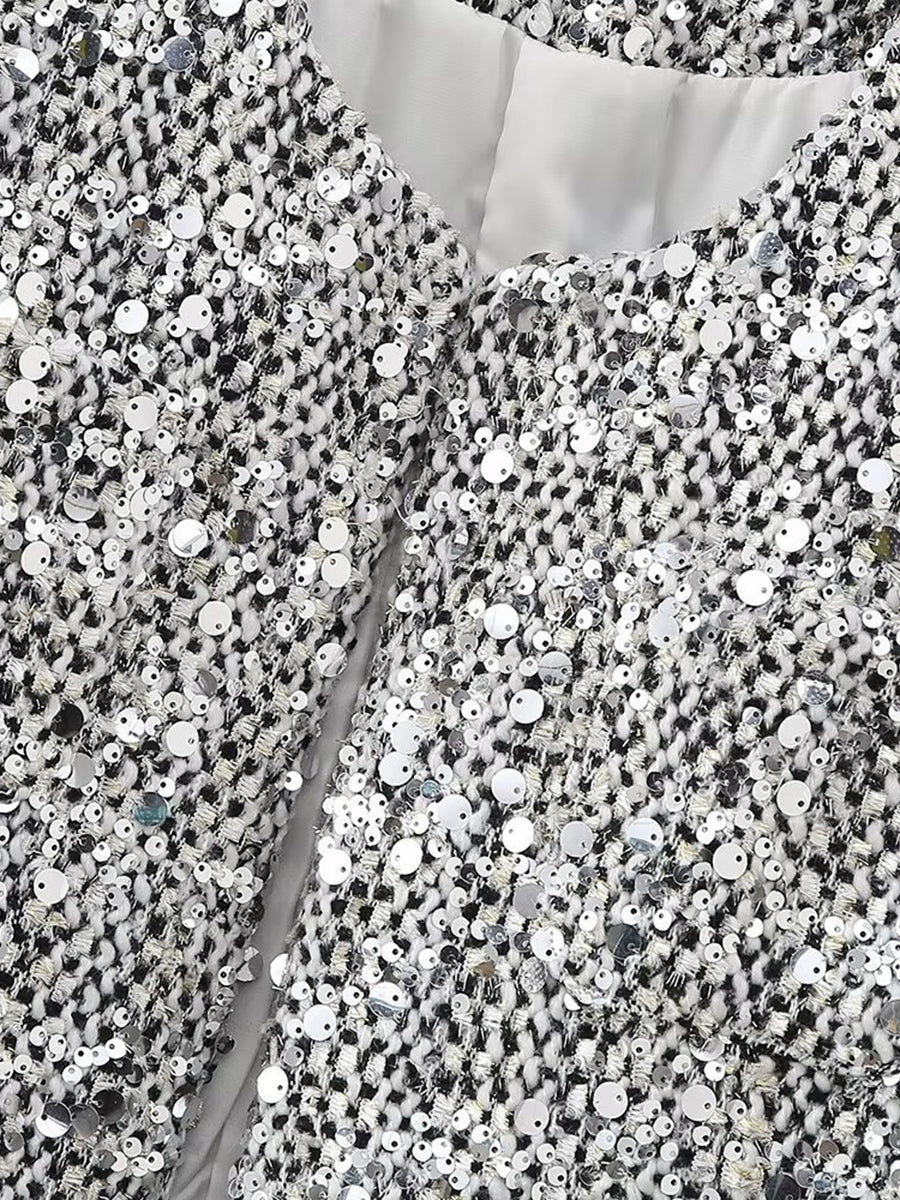 Derpai Glänzende Tweedjacke mit Pailletten und Rundhalsausschnitt Damen Silber