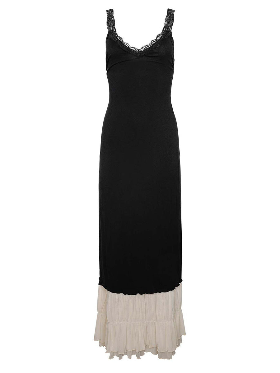Derpai Figurbetontes langes Abendkleid mit Rüschen und schwarzer Spitze – für Hochzeit