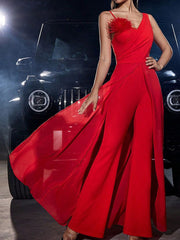 Derpai Maxi-Jumpsuit mit feinen Trägern und roten Federn Damen modisch