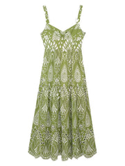 Derpai Langes Abendkleid mit Paisley-Stickerei Grün ärmellos feine Träger – für Ball & Strand