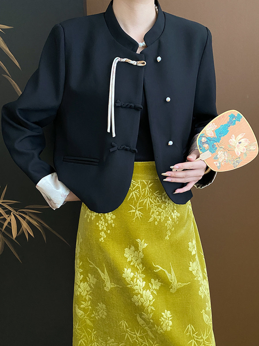 Derpai Elegante Jacke mit chinesischen Knöpfen Stehkragen und Taschen