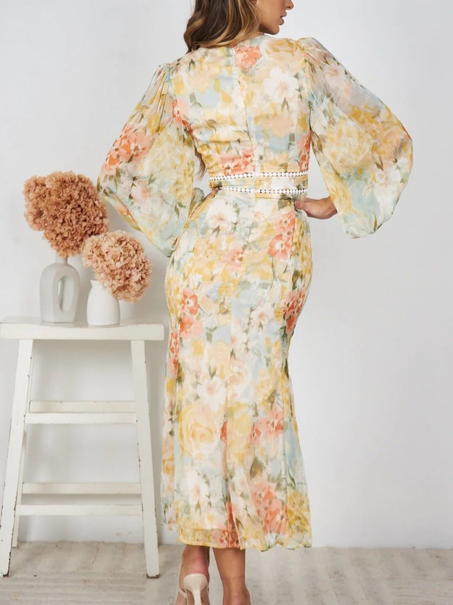 Derpai Chiffonkleid mit Blumenprint Schlitz V-Ausschnitt lange Ärmel elegant