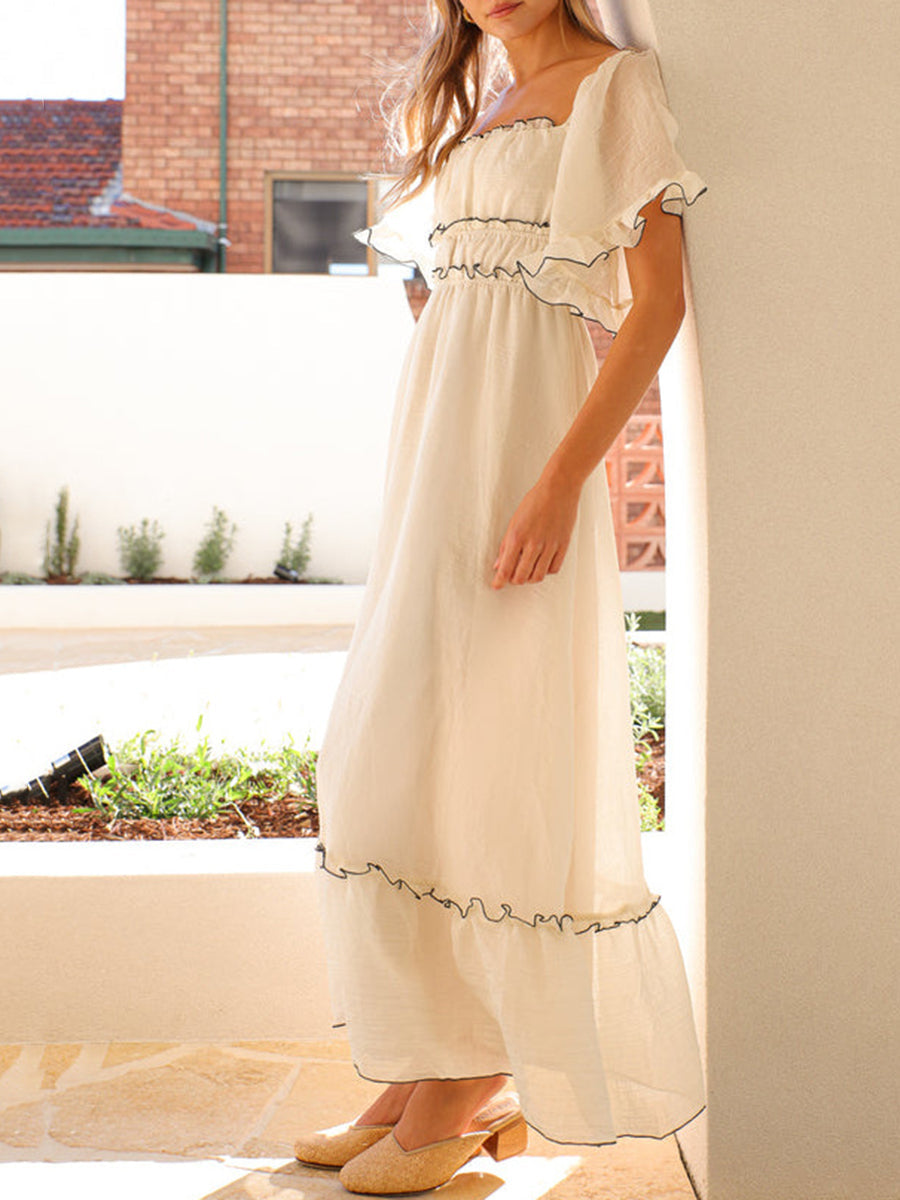 Derpai Langes Kleid mit schwarzem Besatz quadratischer Ausschnitt Abschlussball Beige
