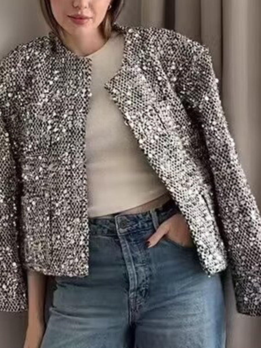 Derpai Glänzende Tweedjacke mit Pailletten und Rundhalsausschnitt Damen Silber