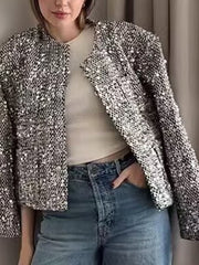 Derpai Glänzende Tweedjacke mit Pailletten und Rundhalsausschnitt Damen Silber
