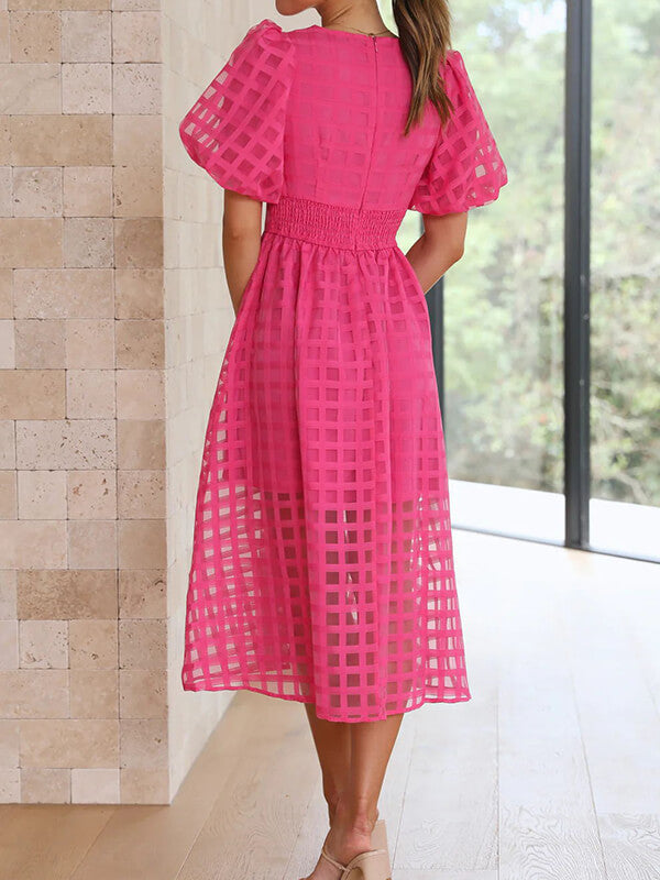 Derpai Midikleid mit Karomuster V-Ausschnitt & Puffärmeln