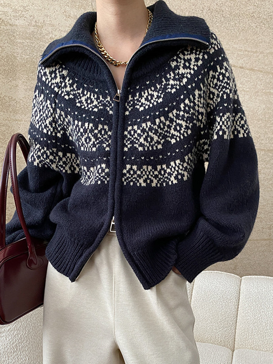 Derpai Jacquard-Pullover mit Reißverschluss Damen Vintage Weihnachten