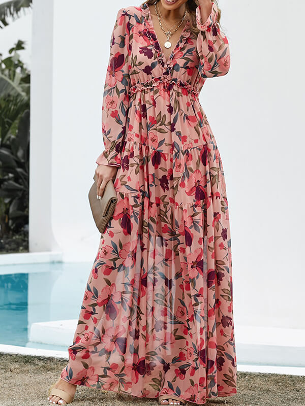 Derpai Langes Kleid aus Chiffon mit Blumenmuster langen Ärmeln & V-Ausschnitt – elegant