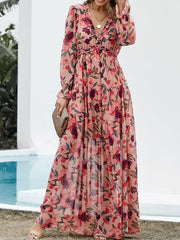 Derpai Langes Kleid aus Chiffon mit Blumenmuster langen Ärmeln & V-Ausschnitt – elegant