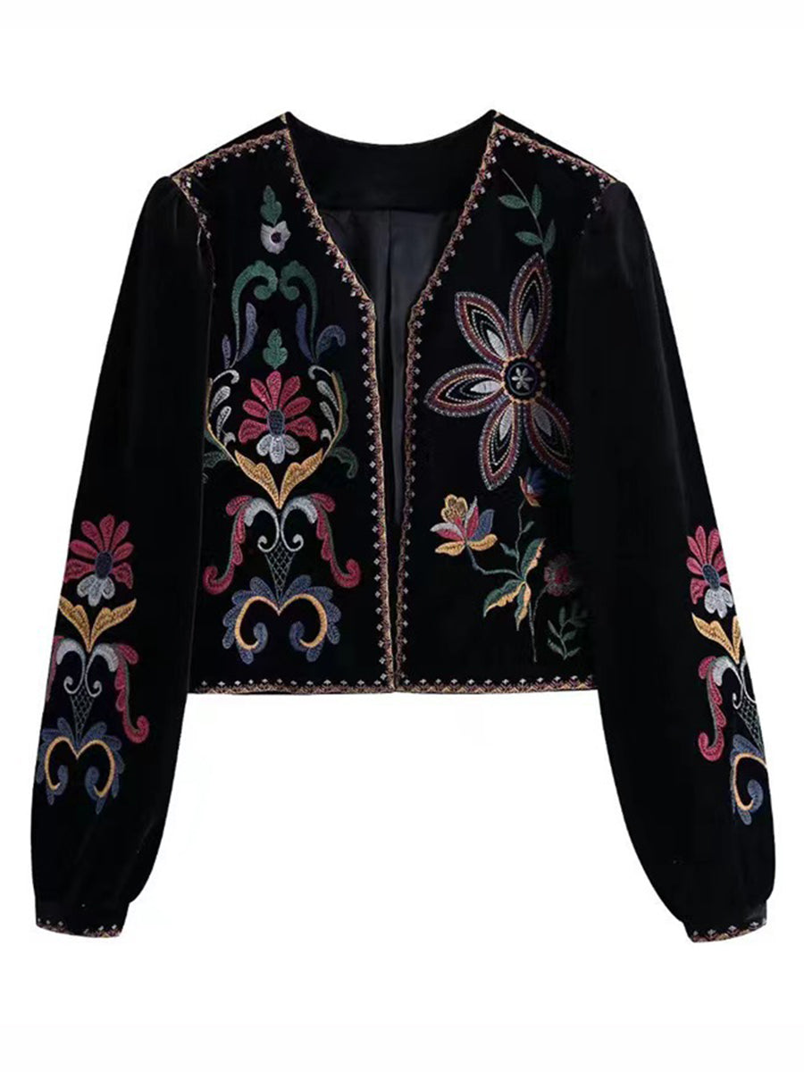 Derpai Kurze Samtjacke mit Stickerei Damen Ethno-Stil