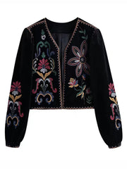 Derpai Kurze Samtjacke mit Stickerei Damen Ethno-Stil