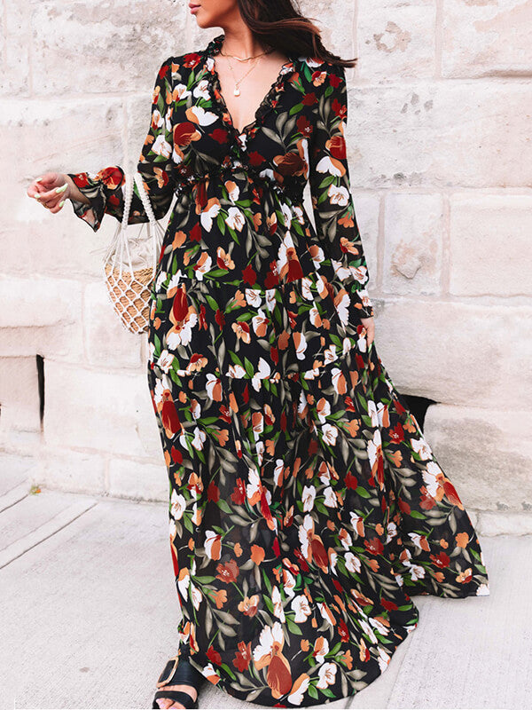 Derpai Langes Kleid aus Chiffon mit Blumenmuster langen Ärmeln & V-Ausschnitt – elegant