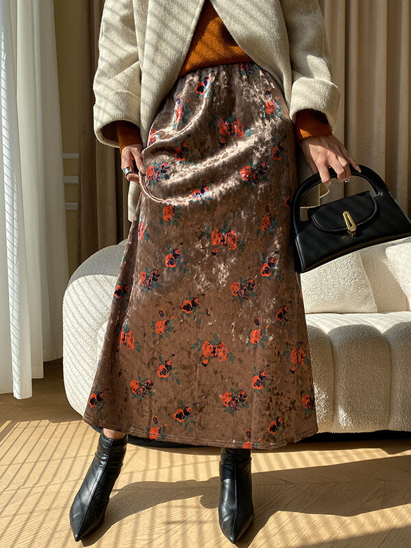 Derpai Langer Samtrock im Vintage-Stil mit Blumenprint