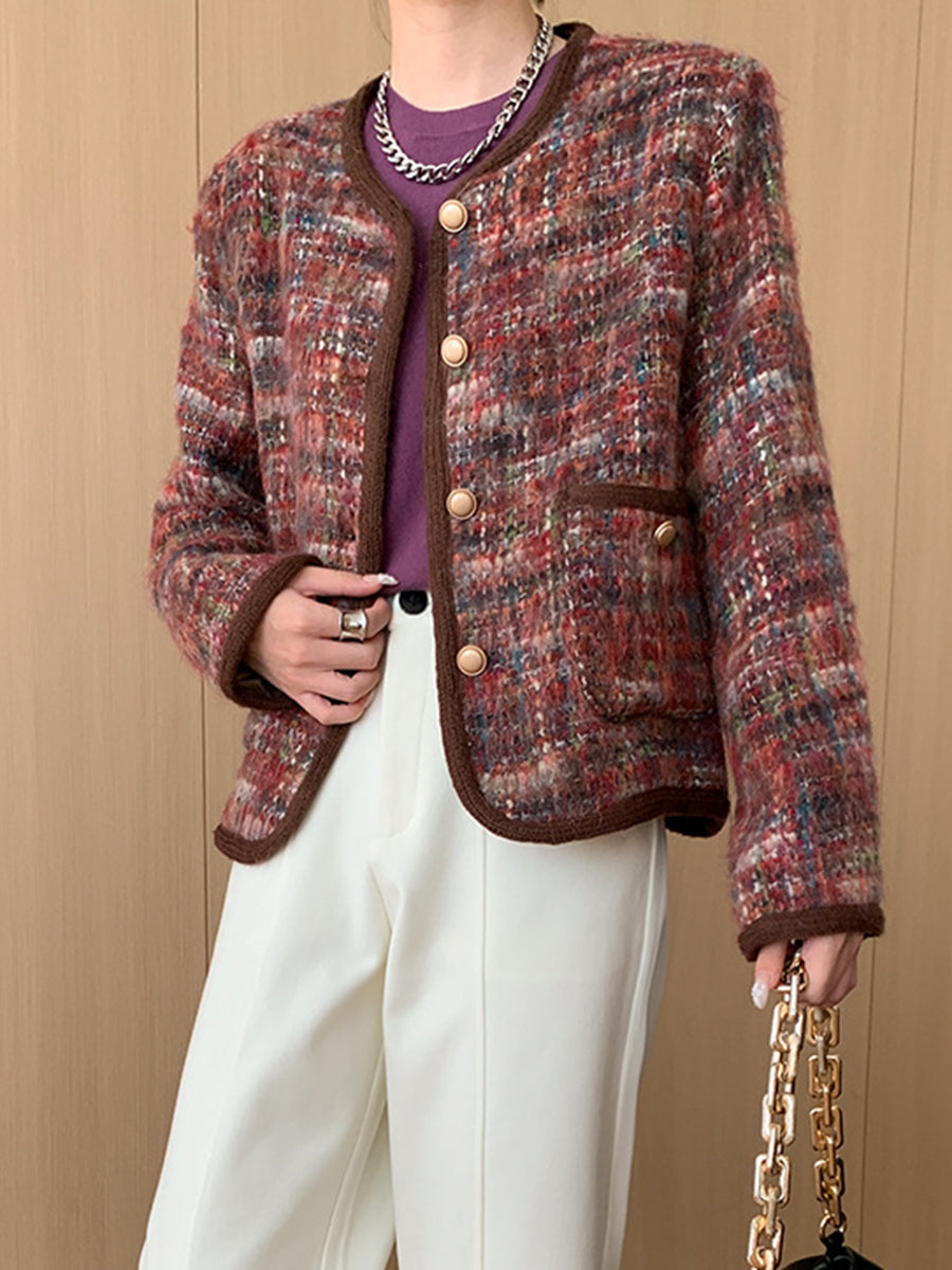Derpai Karierte Tweedjacke mit kontrastierendem Besatz Damen Rot elegant Weihnachten