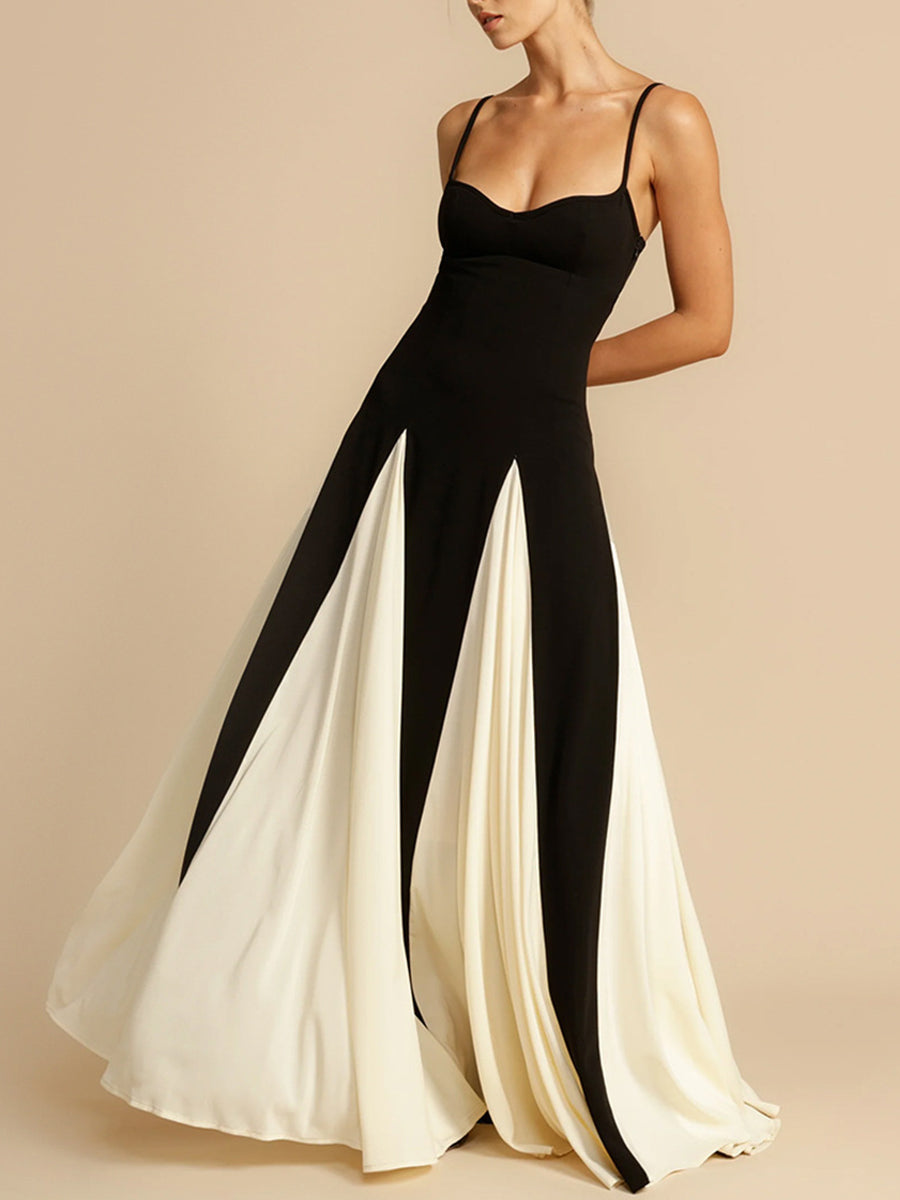 Derpai Zweifarbiges langes Kleid in Schwarz-Weiß dünne Träger elegant Abendmode