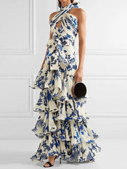 Derpai Elegantes langes Boho-Kleid mit Blumenprint Neckholder & Rüschen-Saum – für Urlaub & Ball