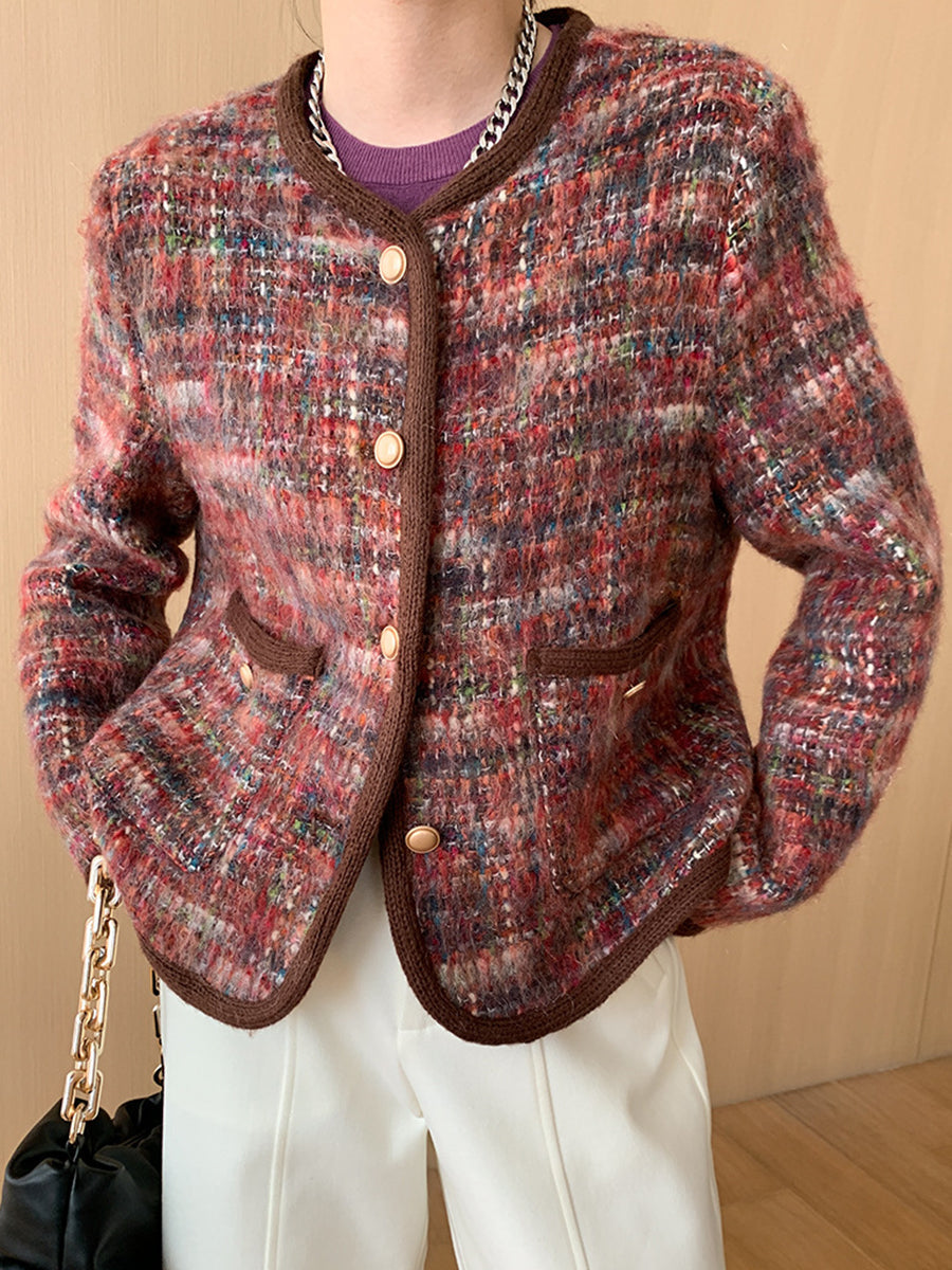 Derpai Karierte Tweedjacke mit kontrastierendem Besatz Damen Rot elegant Weihnachten