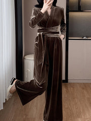 Derpai Samt-Strappy-Jumpsuit mit V-Ausschnitt und langen Ärmeln elegant Damen