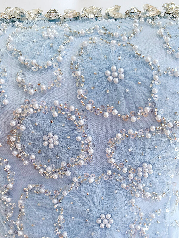 Derpai Zartes langes Ballkleid aus Tüll in Pastellblau mit Perlen & Strass