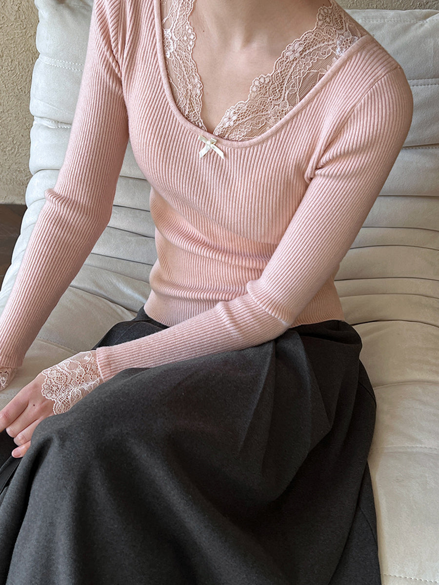 Derpai Strickpullover mit Spitzenmuster V-Ausschnitt ausgestellte Ärmel elegant