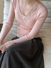 Derpai Strickpullover mit Spitzenmuster V-Ausschnitt ausgestellte Ärmel elegant