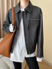 Derpai Damenjacke aus PU-Leder mit Reißverschluss Vintage-Stil
