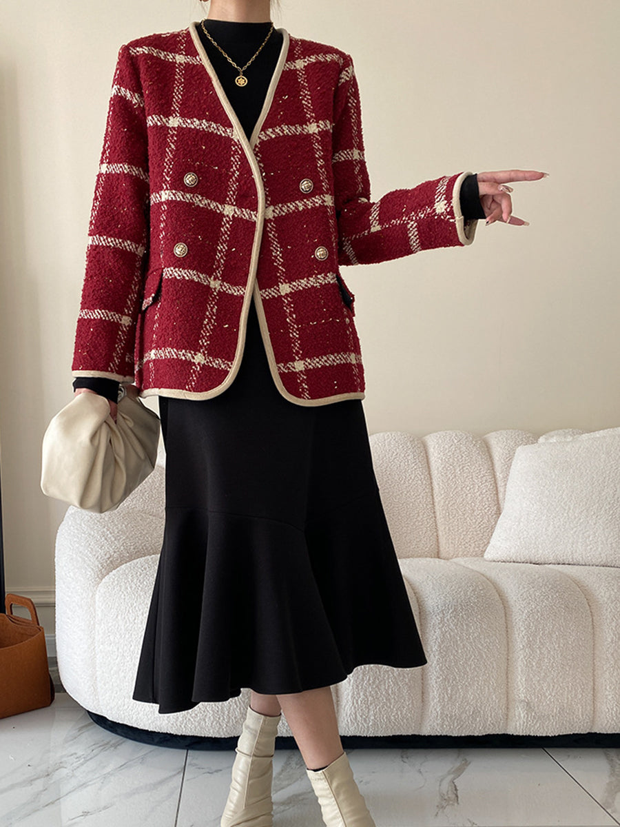 Derpai Tweedjacke mit Steppfutter Karomuster doppelreihige Knopfleiste Damen