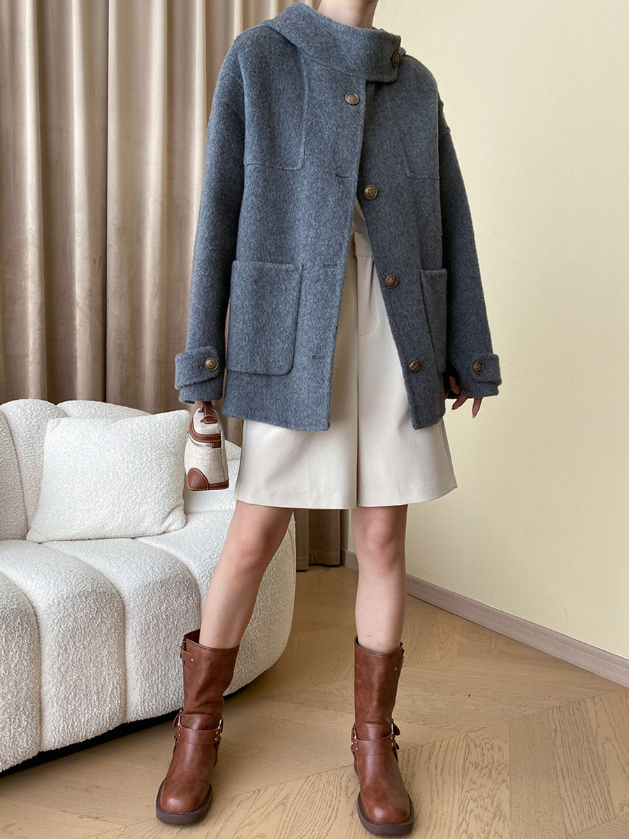 Derpai Damen-Cape aus Wolle mit Taschen Knopfleiste und Kapuze