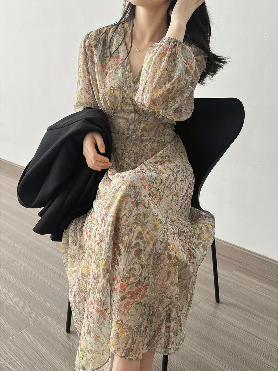 Derpai Elegantes langes Kleid mit Blumenprint Puffärmeln & V-Ausschnitt – für Urlaub