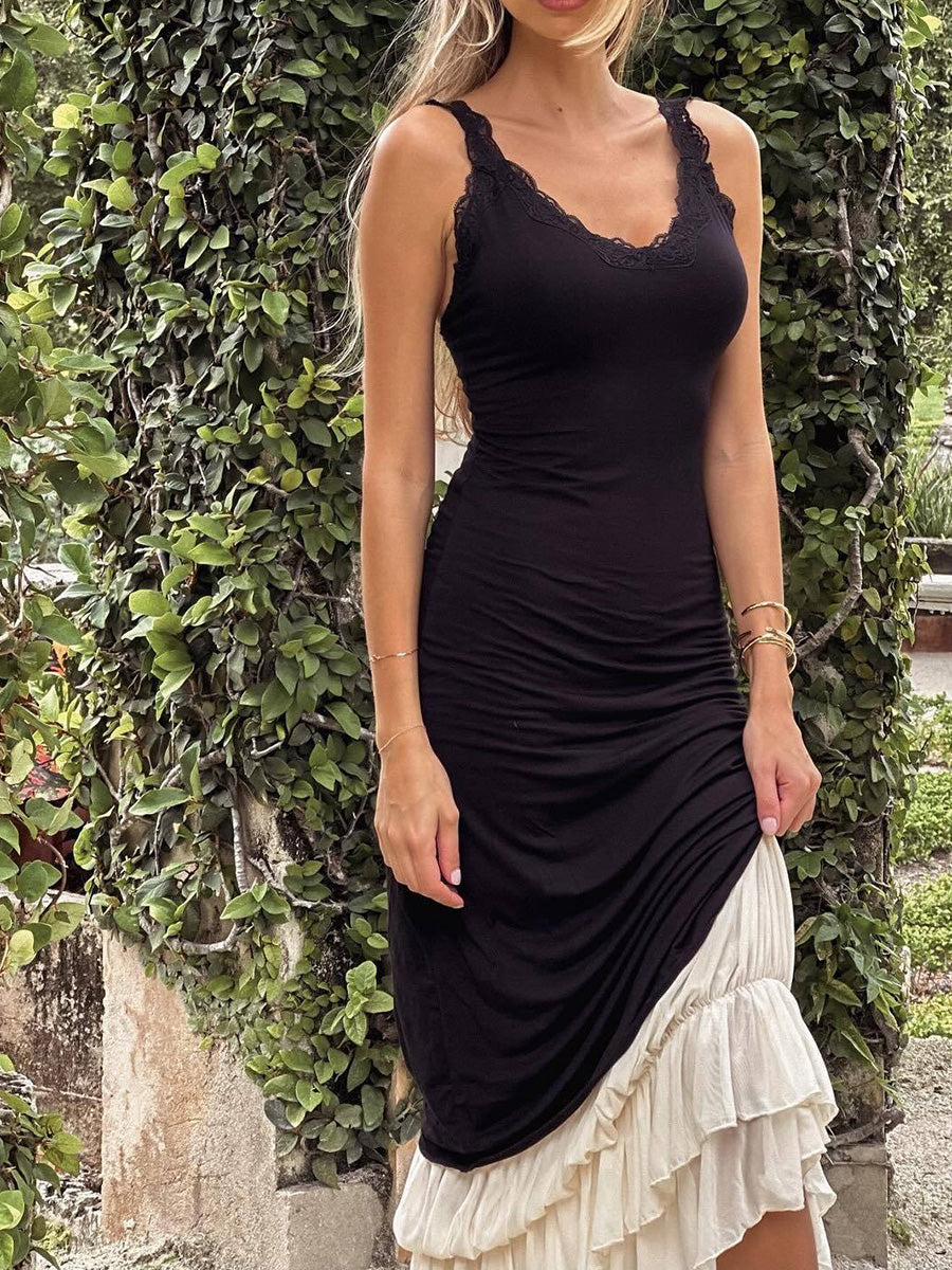 Derpai Figurbetontes langes Abendkleid mit Rüschen und schwarzer Spitze – für Hochzeit