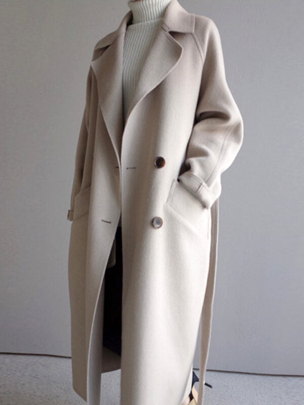 Derpai Eleganter langer Wollmantel mit doppelter Knopfleiste Gürtel und Taschen Damen
