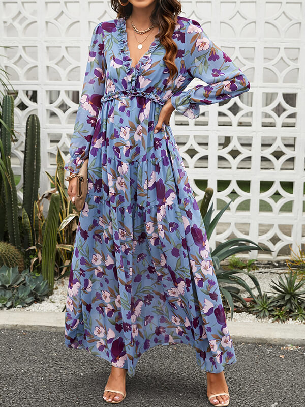 Derpai Langes Kleid aus Chiffon mit Blumenmuster langen Ärmeln & V-Ausschnitt – elegant