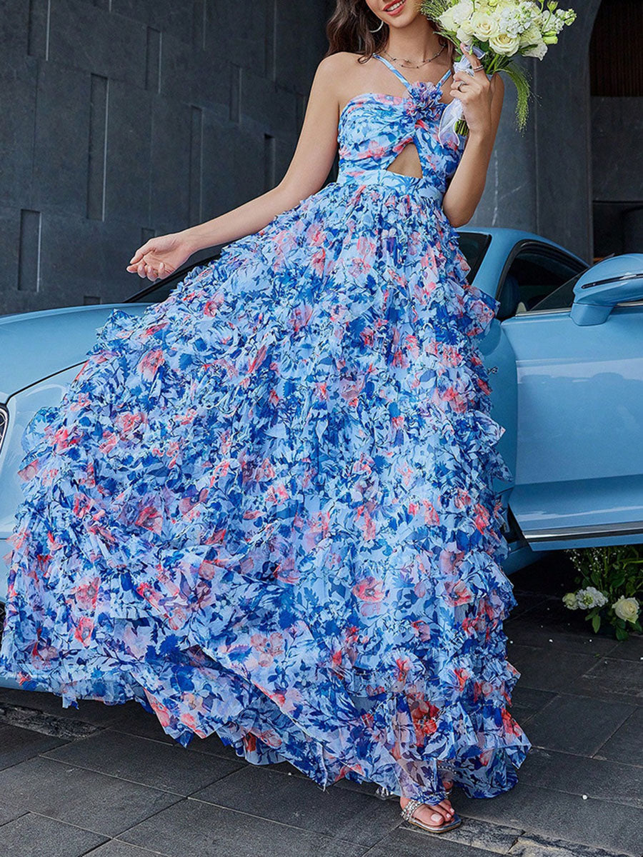 Derpai Langes Chiffonkleid mit Blumenprint und Rückenausschnitt Blau – für Hochzeit