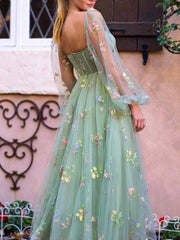 Derpai Langes Abendkleid mit besticktem Bustier & langen Ärmeln – für Ball oder Hochzeit