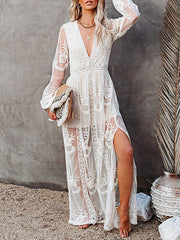 Derpai Langes Spitzenkleid mit Schlitz & V-Ausschnitt Boho-Stil