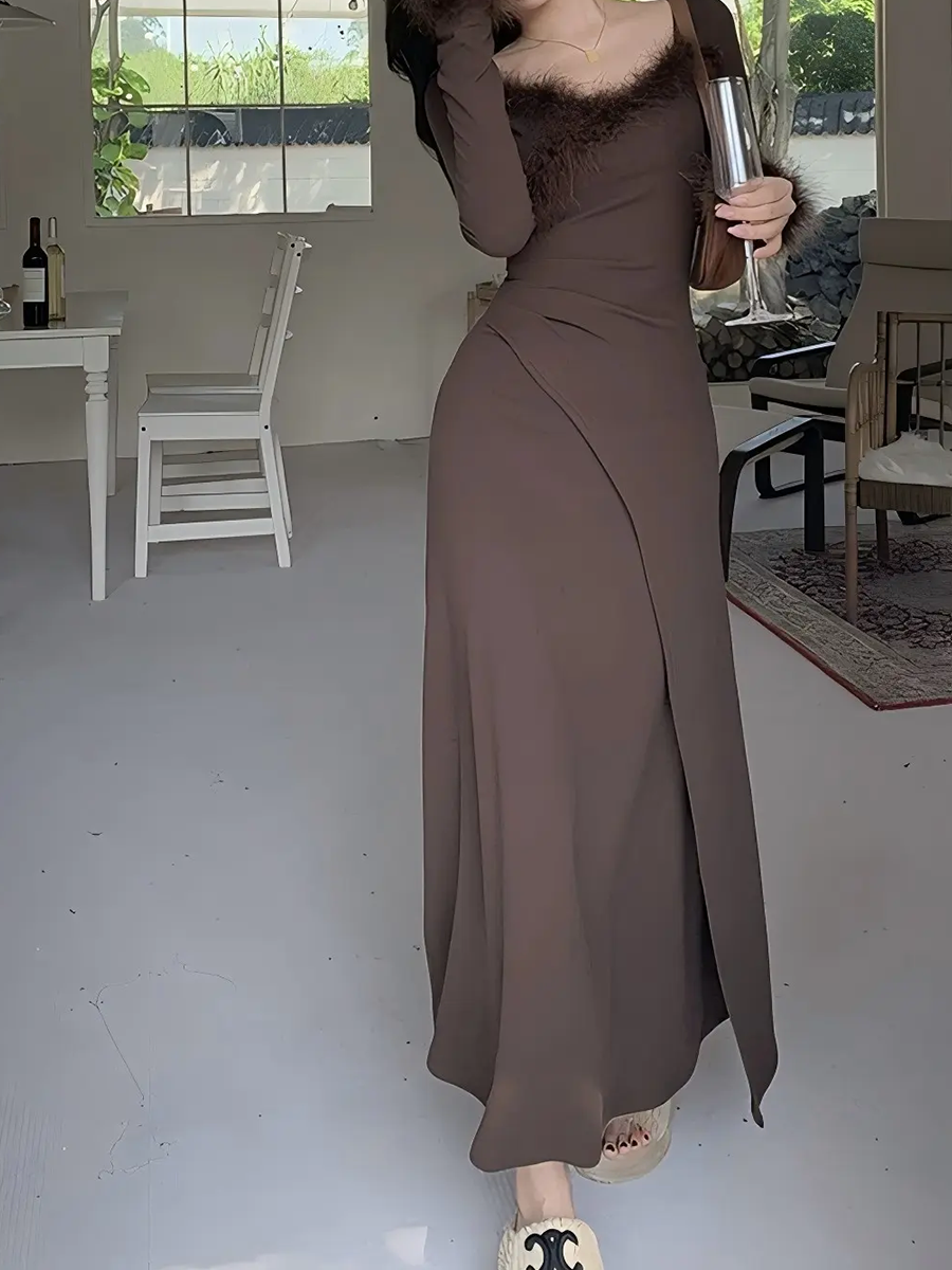 Derpai Elegantes Slim-Kleid mit V-Ausschnitt und langen Ärmeln