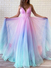 Derpai Elegantes Maxi-Abendkleid in Farbverlauf Blau-Rosa mit feinen Trägern – für Taufe