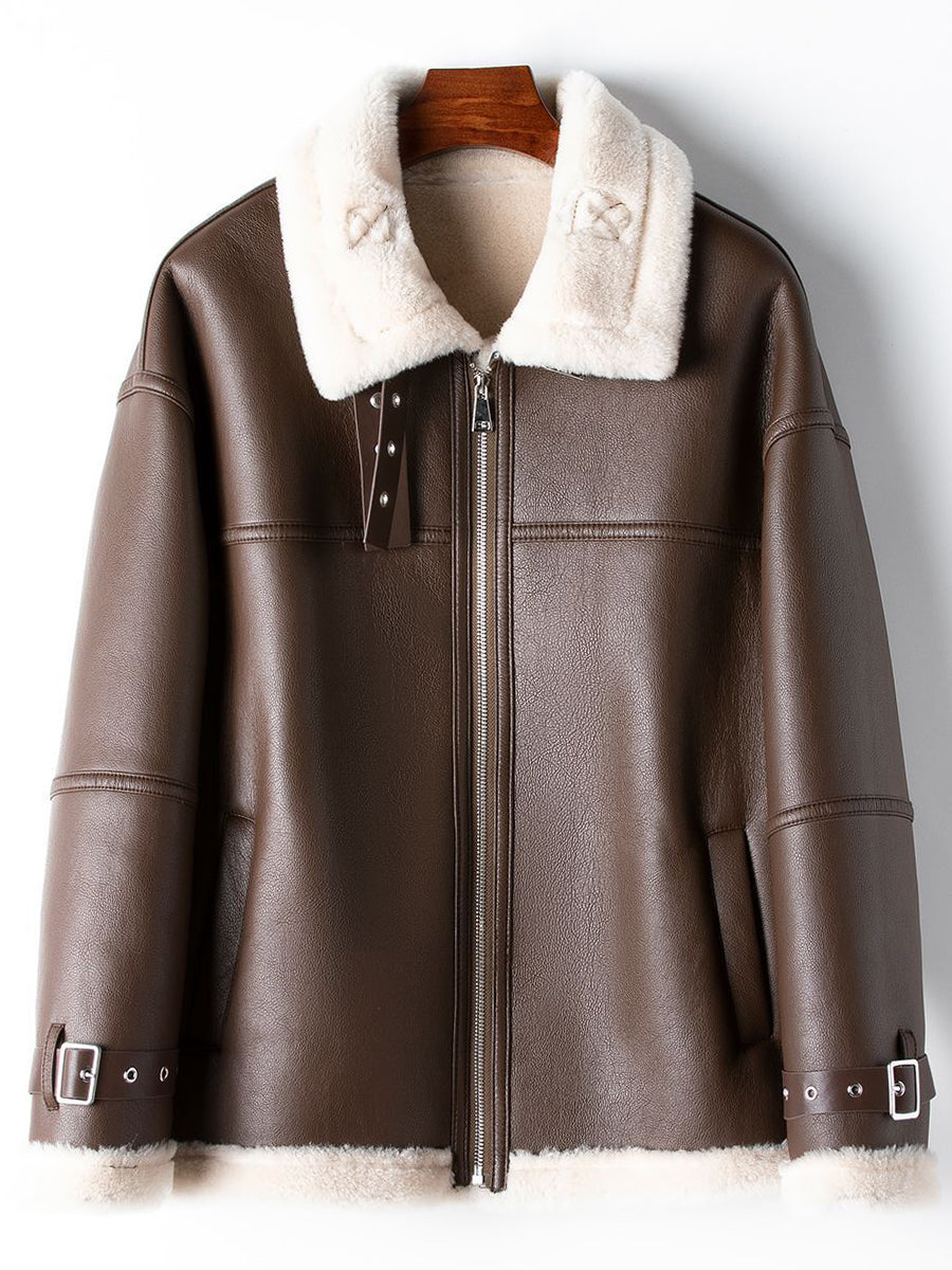 Derpai Fliegerjacke aus Kunstleder mit Reißverschluss Damen Winter