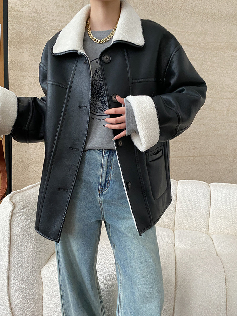 Derpai Fliegerjacke aus Kunstleder wendbar Knopfleiste Damen
